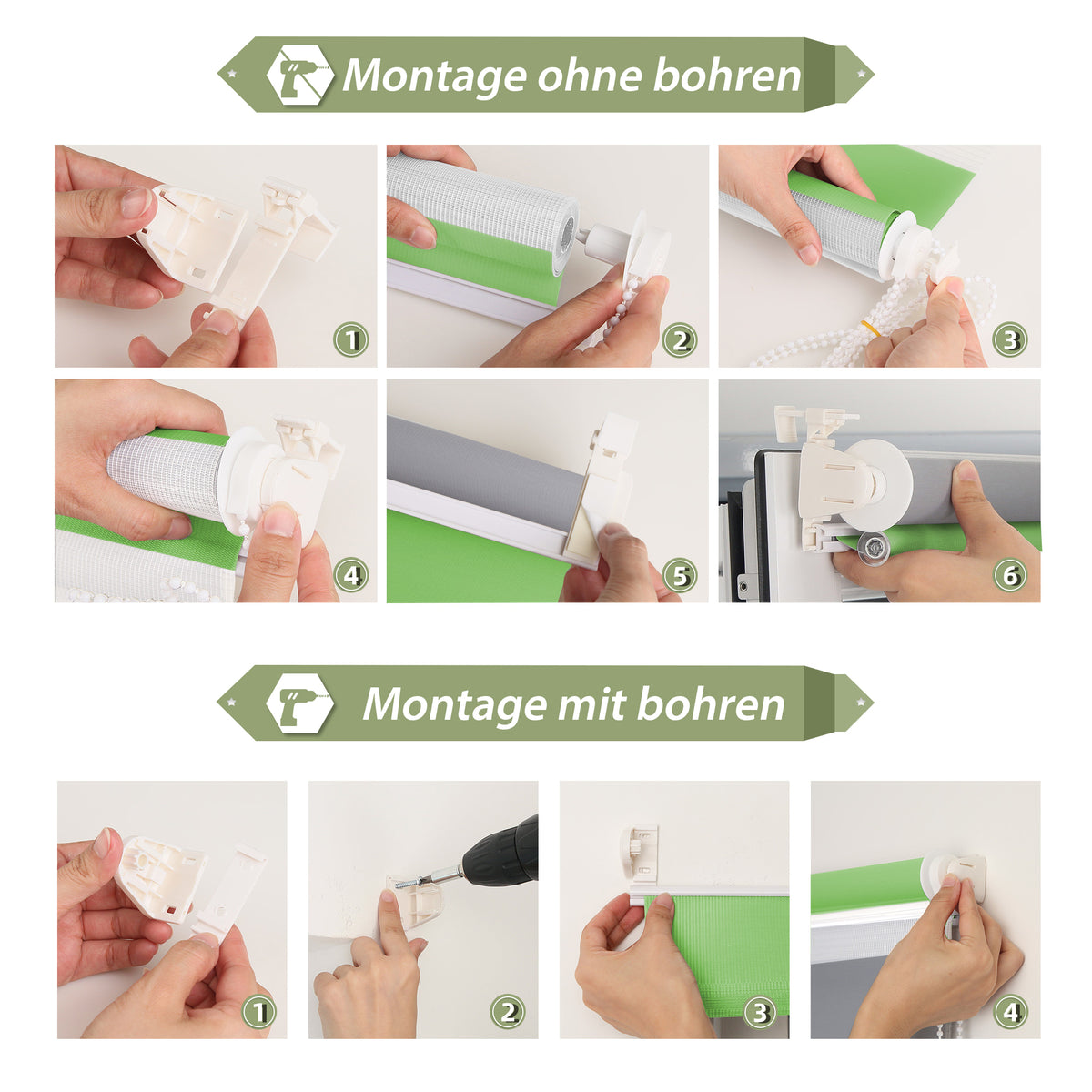 HOMEDEMO Doppelrollo Klemmfix ohne Bohren & mit Bohren, Rollos für Fenster und Tür,Leinen-grau,Weiss-grau-grün,Grün,Leinen