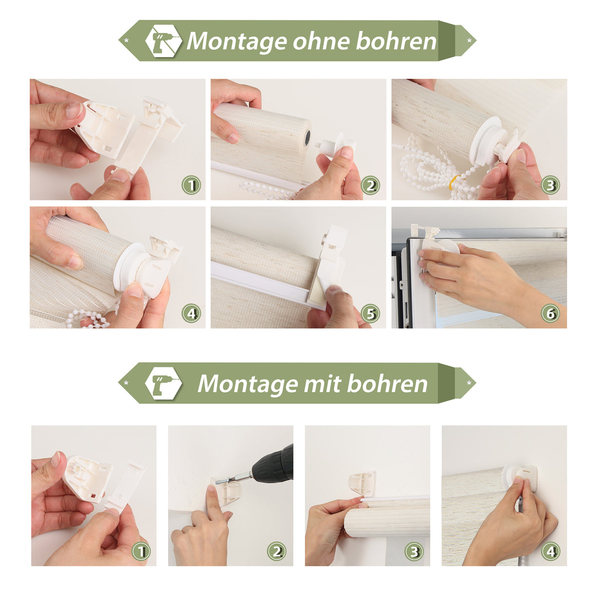 HOMEDEMO Doppelrollo Klemmfix ohne Bohren & mit Bohren, Rollos für Fenster und Tür,Leinen-grau,Weiss-grau-grün,Grün,Leinen