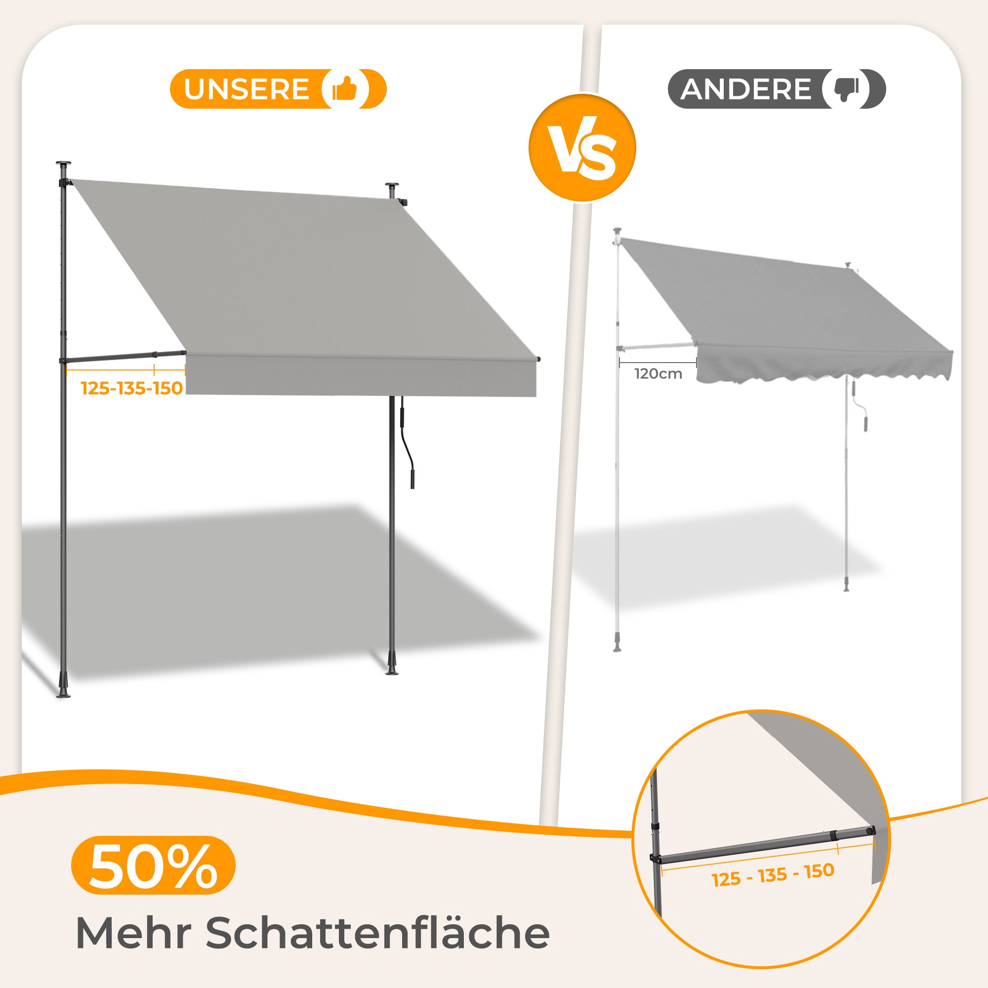Einziehbare Klemmmarkise für Balkon mit Handkurbel manuell