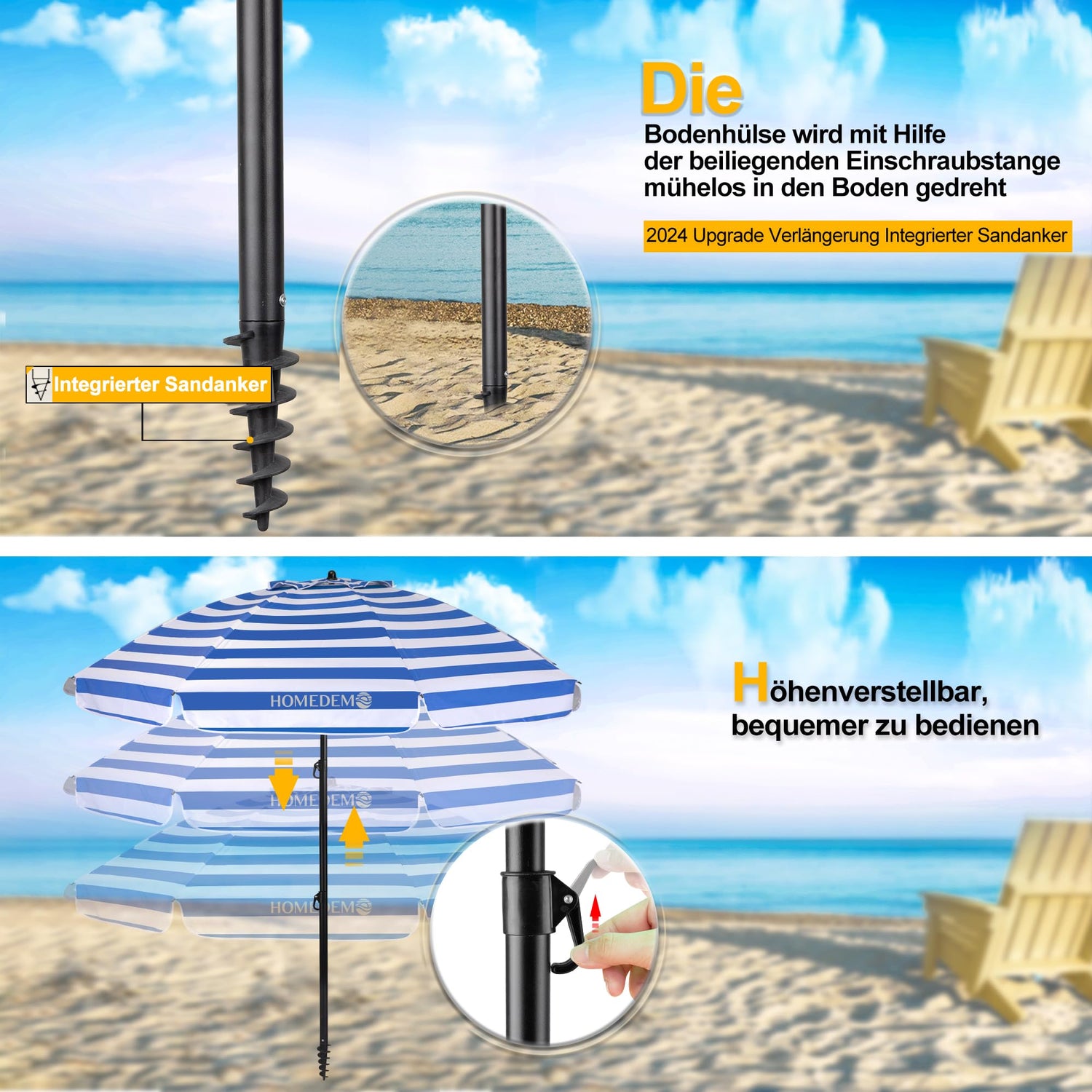 HOMEDEMO Groß Faltbarer Strandschirm Sonnenschirm Strand windfest 217cm