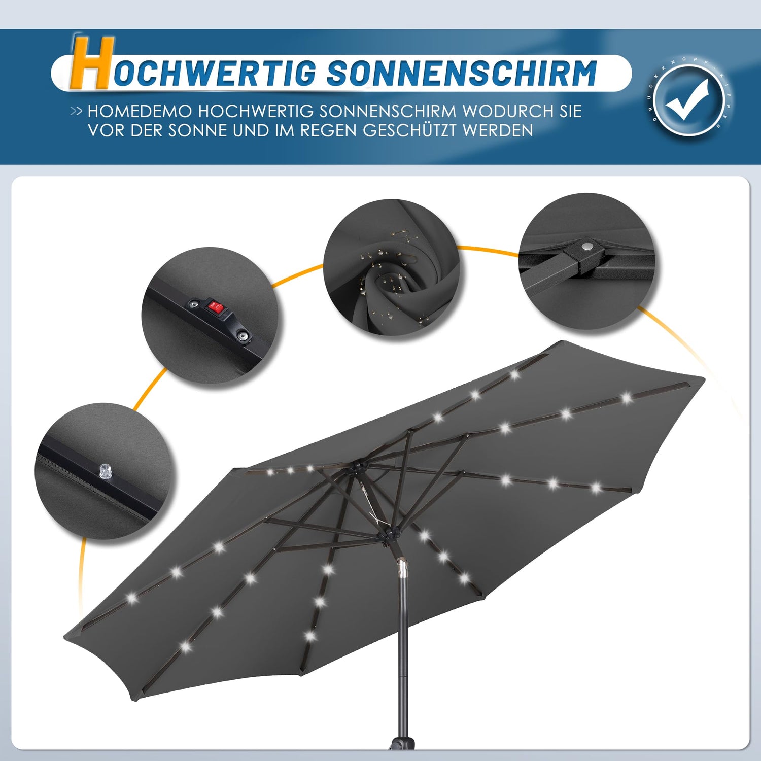 HOMEDEMO  Groß Garten Sonnenschirme mit Kurbel und LED-Licht
