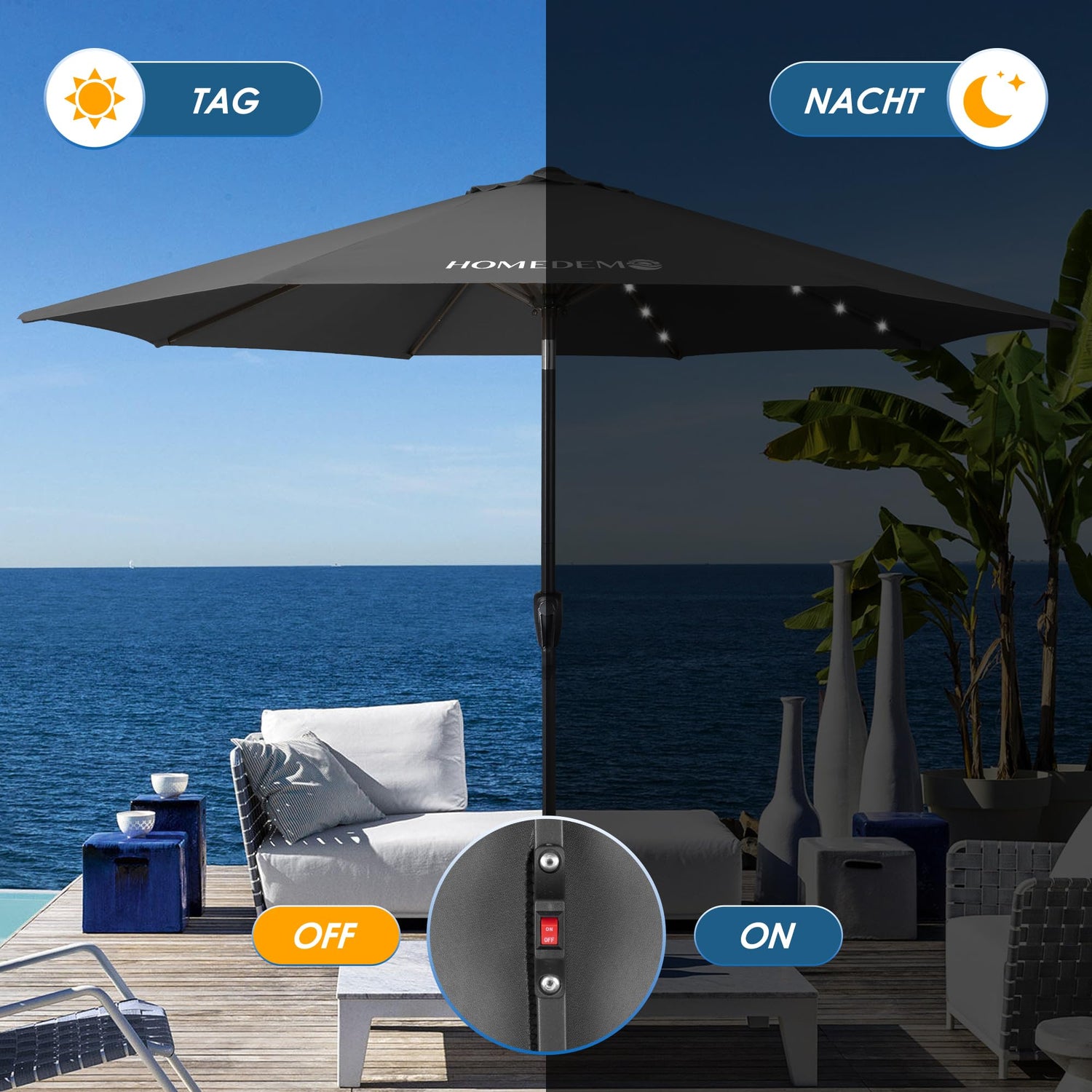 HOMEDEMO  Groß Garten Sonnenschirme mit Kurbel und LED-Licht