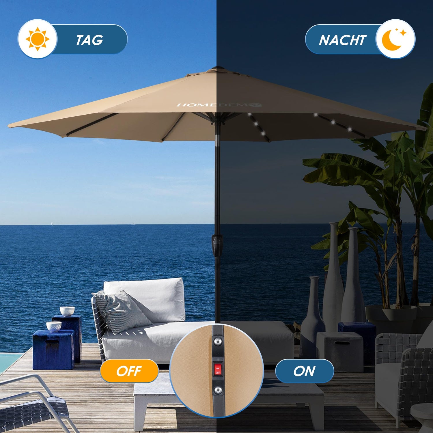 HOMEDEMO  Groß Garten Sonnenschirme mit Kurbel und LED-Licht
