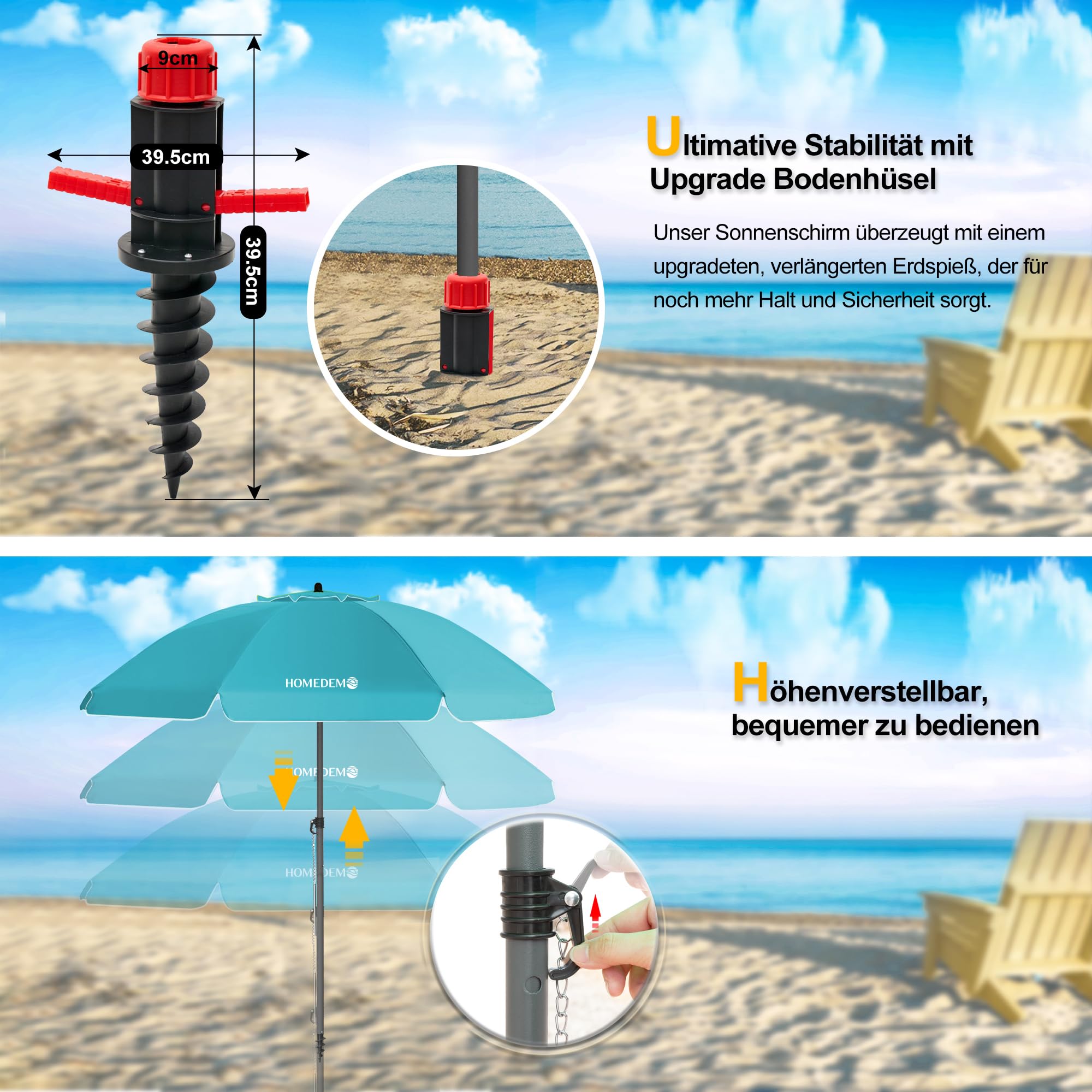 HOMEDEMO Strandschirm Sonnenschirm mit Upgrade Boden Hülse