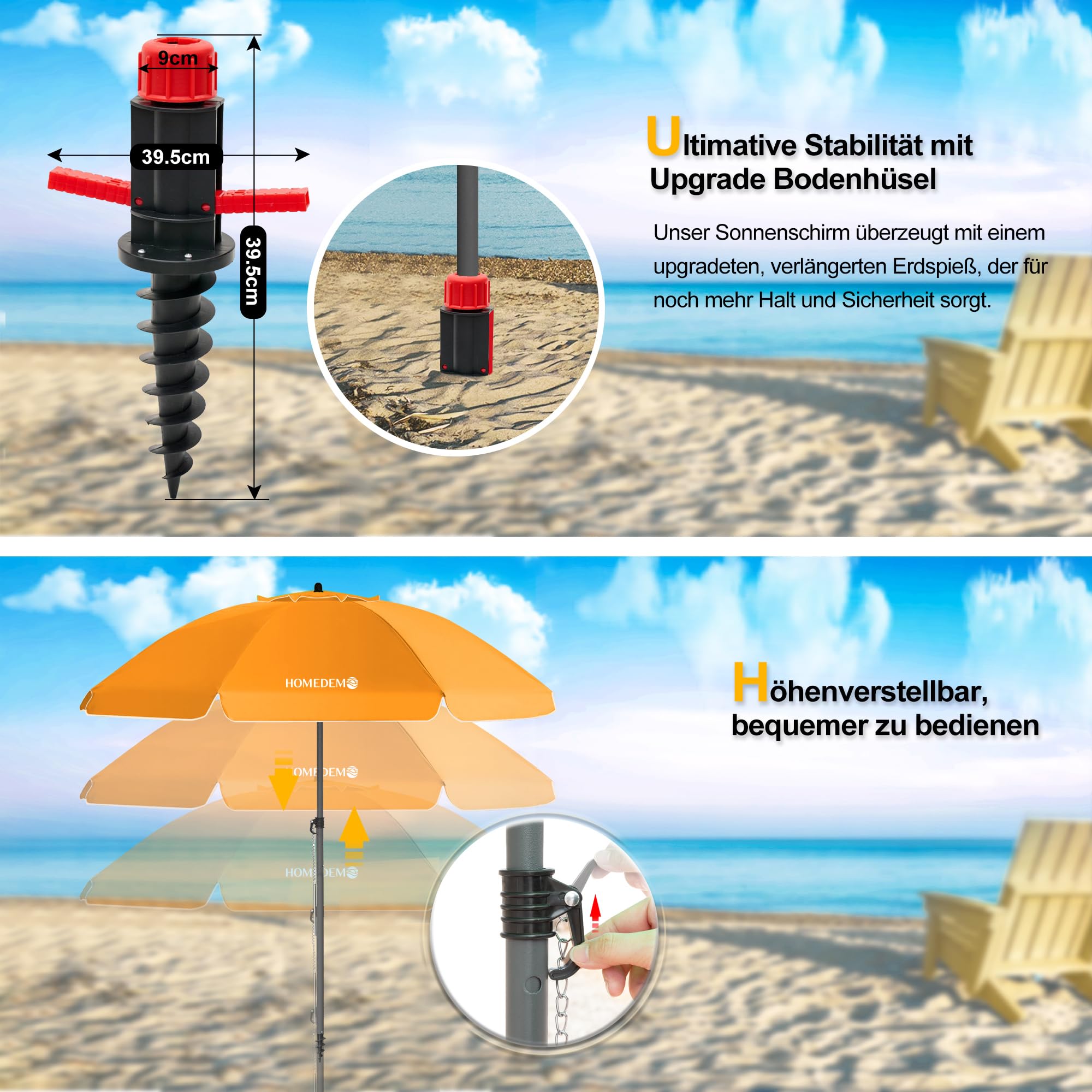 HOMEDEMO Strandschirm Sonnenschirm mit Upgrade Boden Hülse