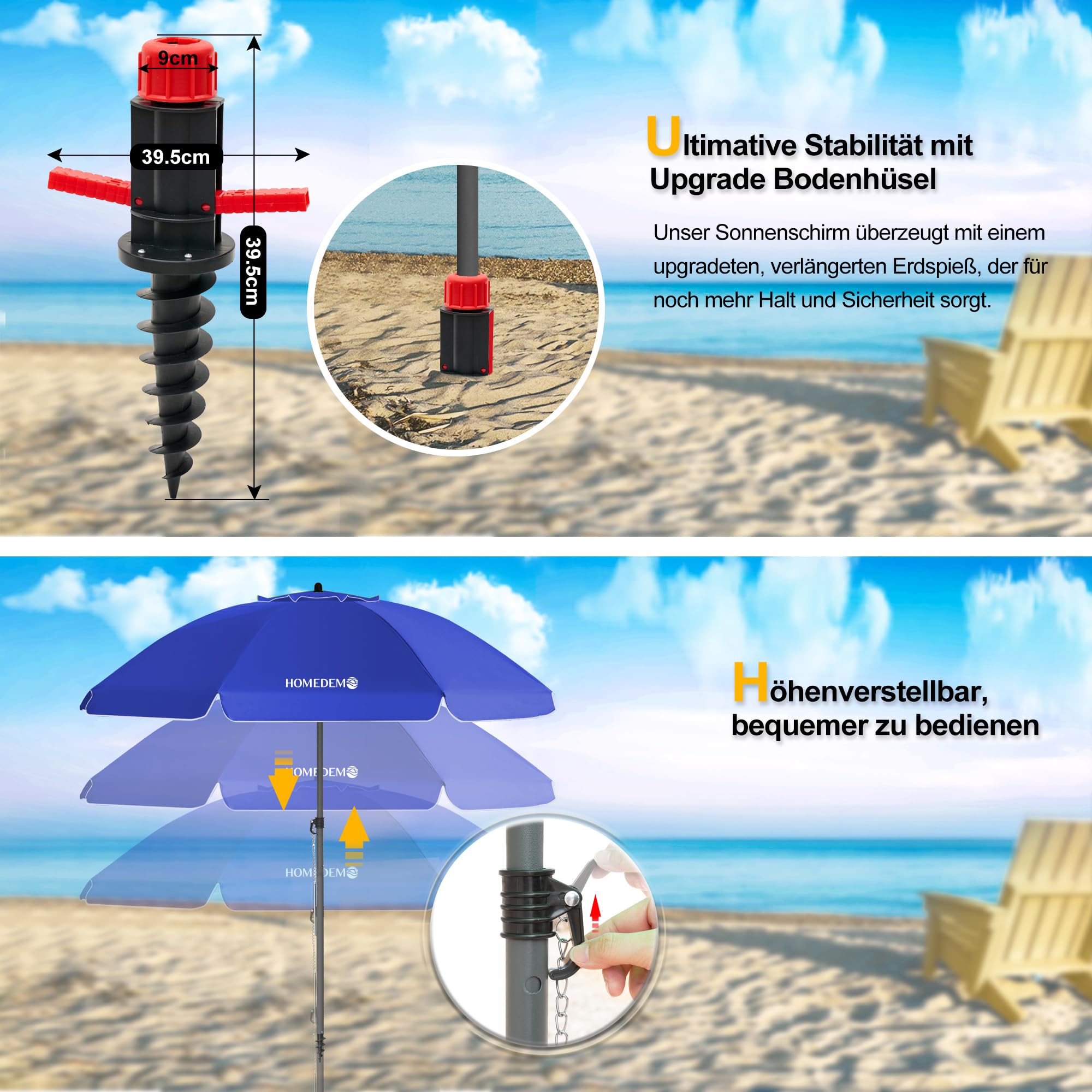 HOMEDEMO Strandschirm Sonnenschirm mit Upgrade Boden Hülse