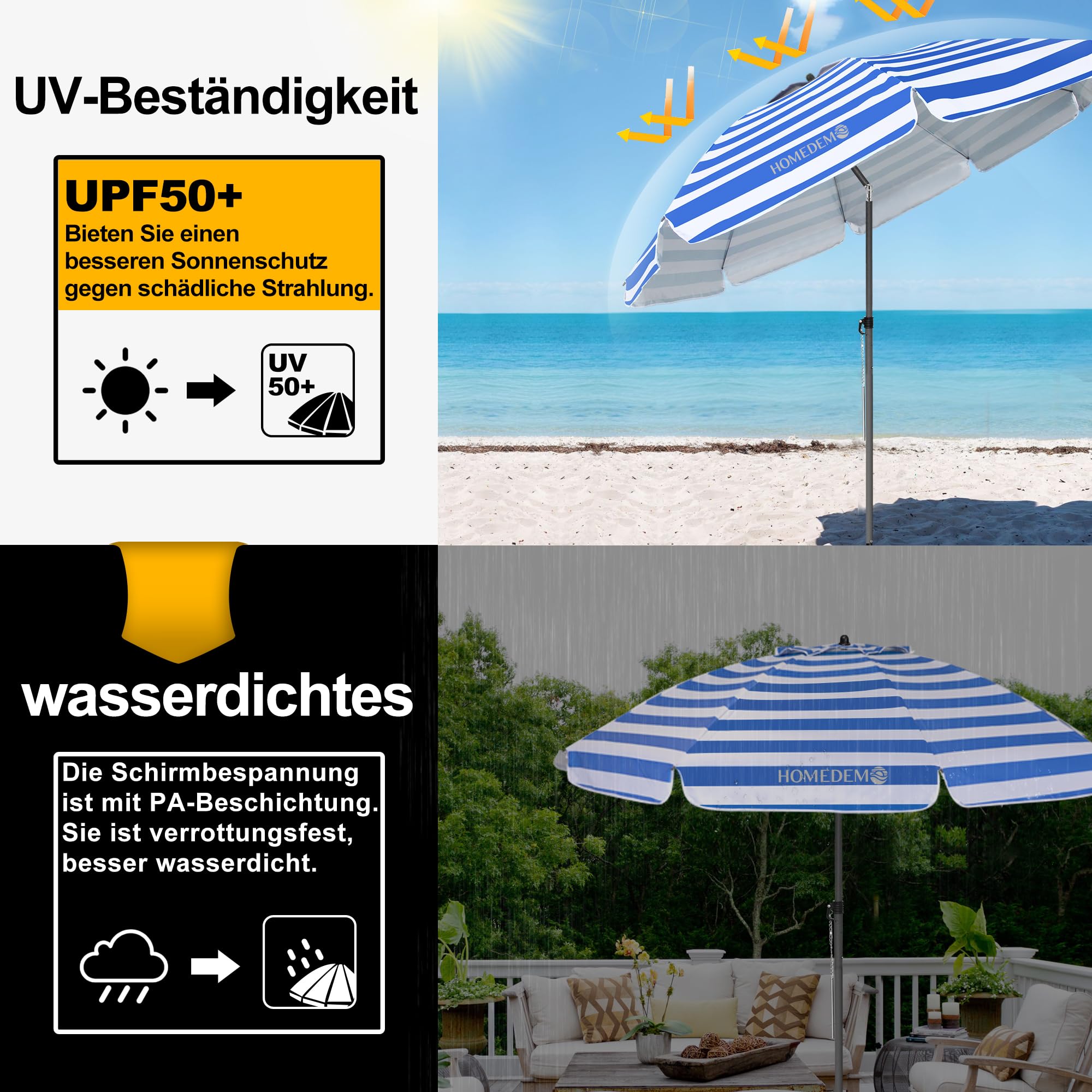 HOMEDEMO Strandschirm Sonnenschirm mit Upgrade Boden Hülse